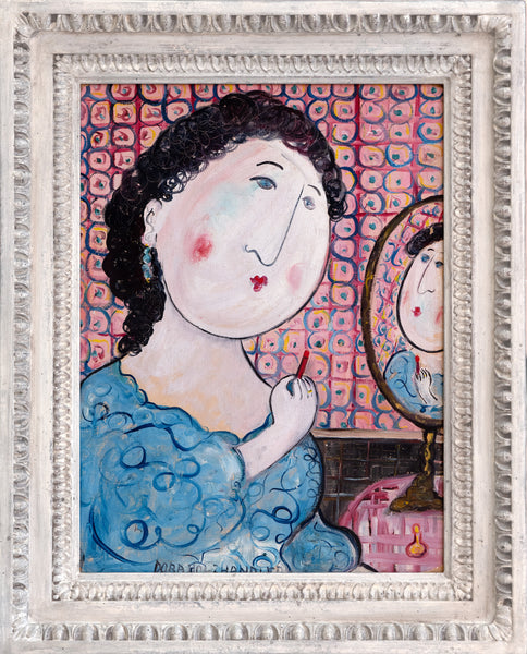 Lady at the Mirror Applying Lipstick